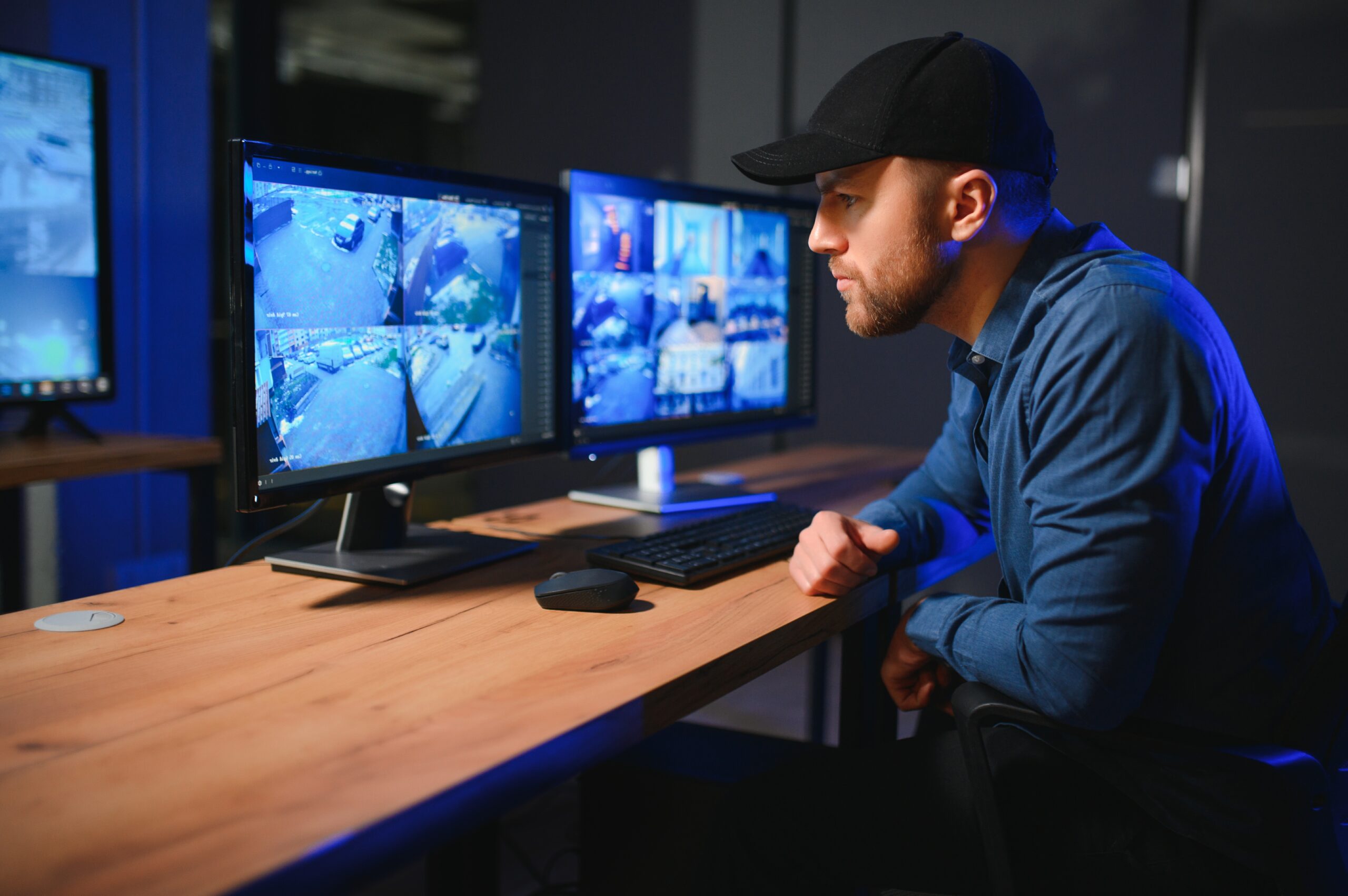 Male security guard monitoring modern CCTV cameras indoors.