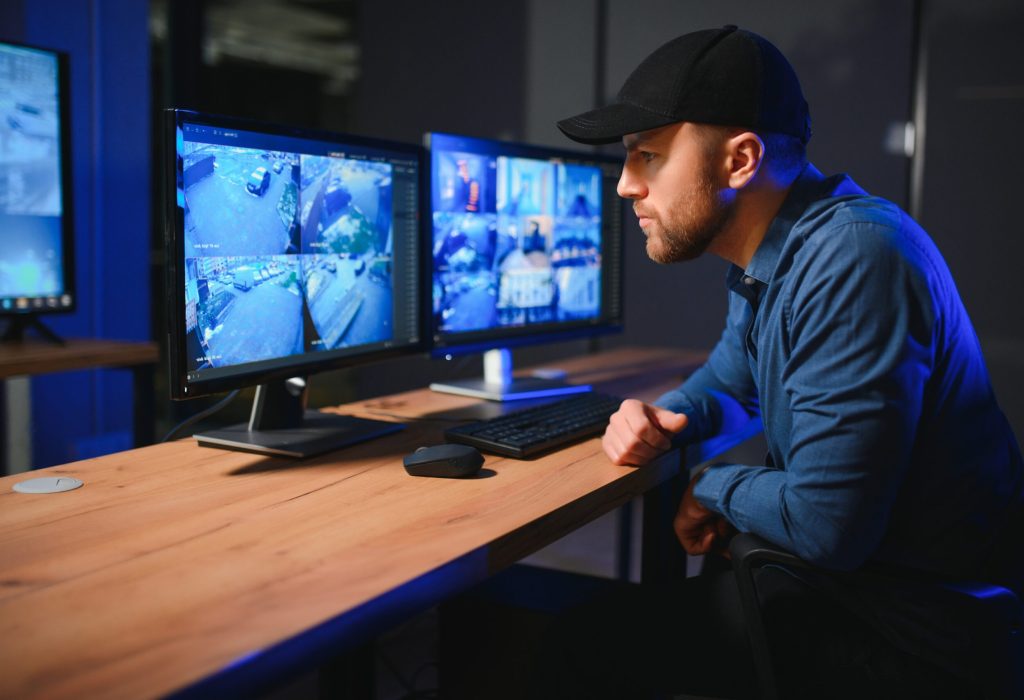 Male security guard monitoring modern CCTV cameras indoors.